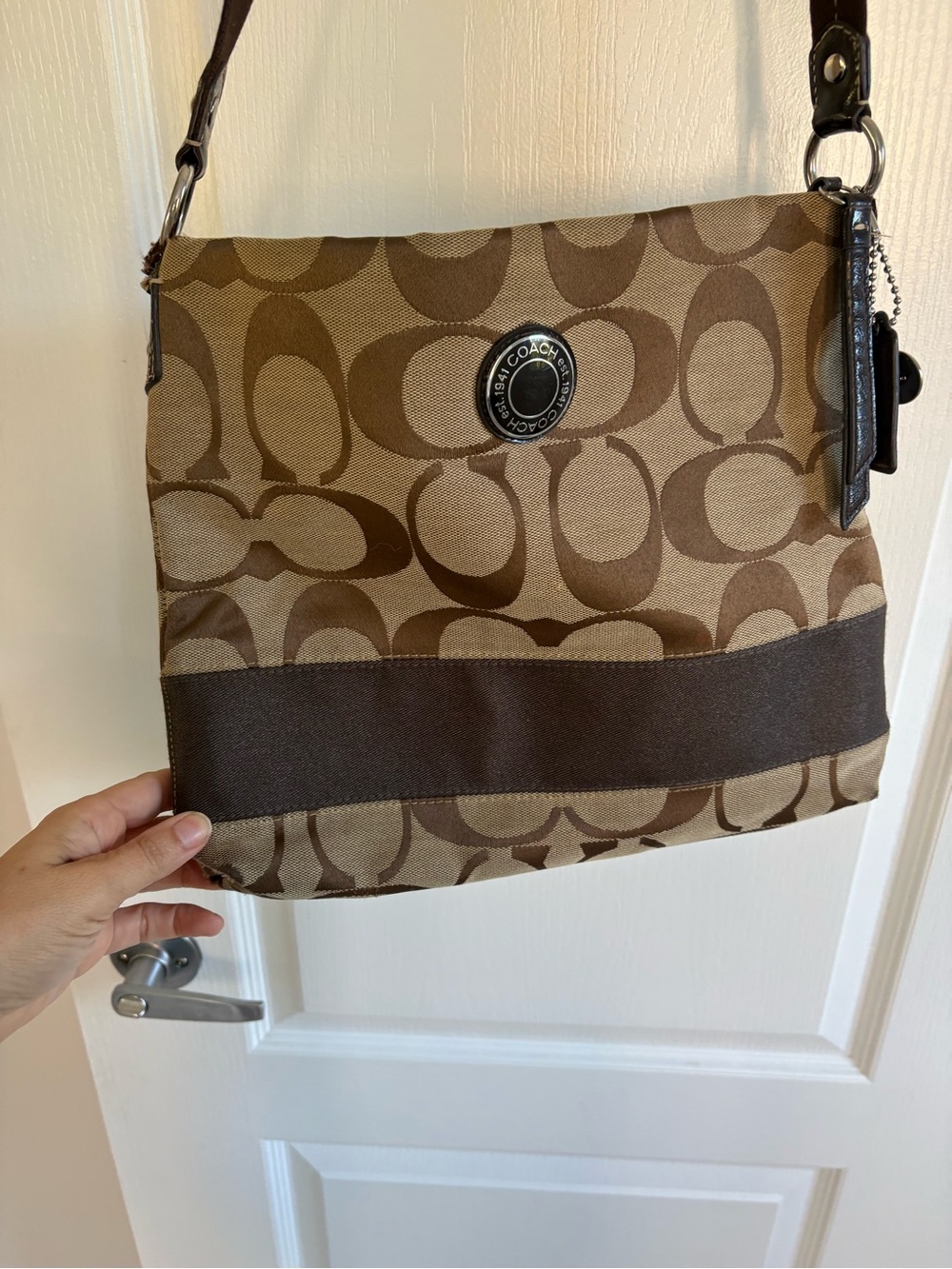 Coach Signature Canvas Crossbody in Light Brown and Dark Brown